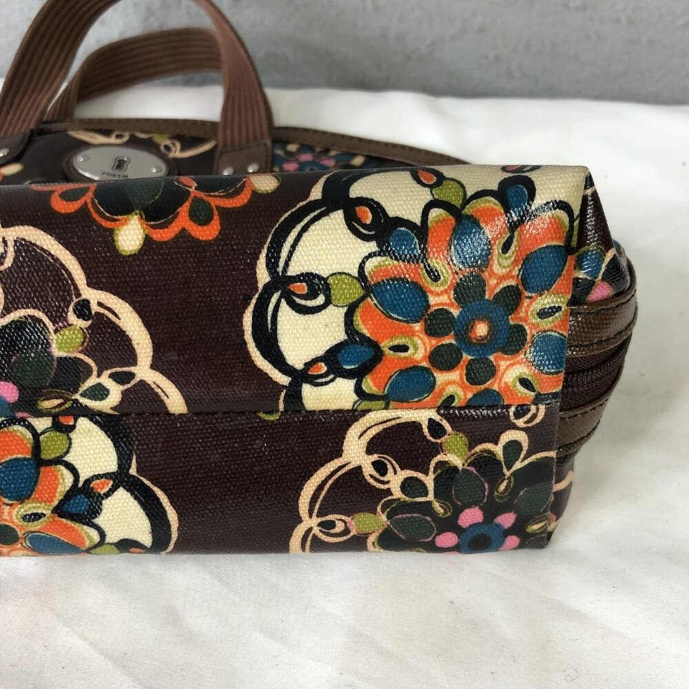 Fossil Key Per Satchel Handbag Womens Brown Floral PVC Top Handle Bag Retro 70s - Picture 15 of 16